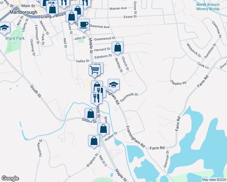 map of restaurants, bars, coffee shops, grocery stores, and more near 56 Framingham Road in Marlborough