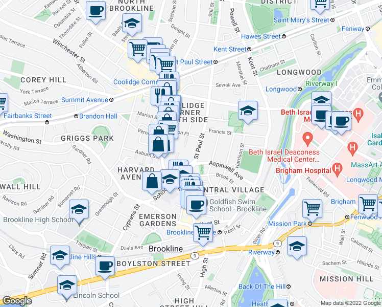 map of restaurants, bars, coffee shops, grocery stores, and more near 4 Saint Paul Street in Brookline