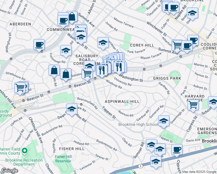 map of restaurants, bars, coffee shops, grocery stores, and more near 10 Claflin Road in Brookline