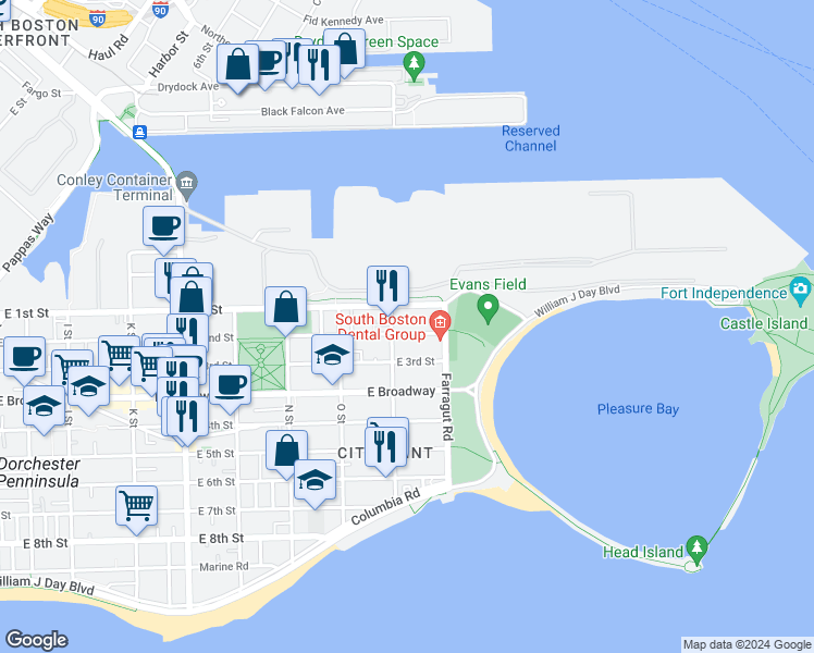 map of restaurants, bars, coffee shops, grocery stores, and more near 906 East 2nd Street in Boston