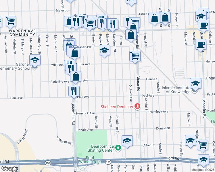 map of restaurants, bars, coffee shops, grocery stores, and more near 6436 Payne Avenue in Dearborn
