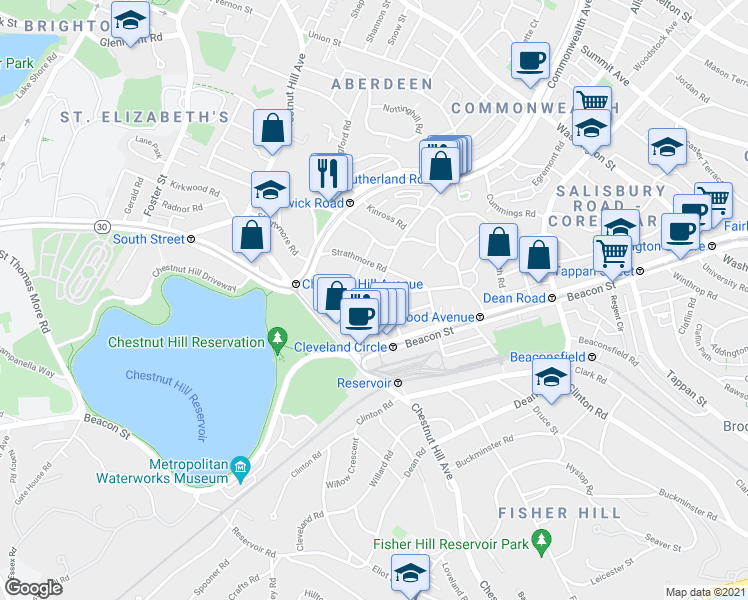 map of restaurants, bars, coffee shops, grocery stores, and more near Sutherland Rd & Englewood Ave in Boston
