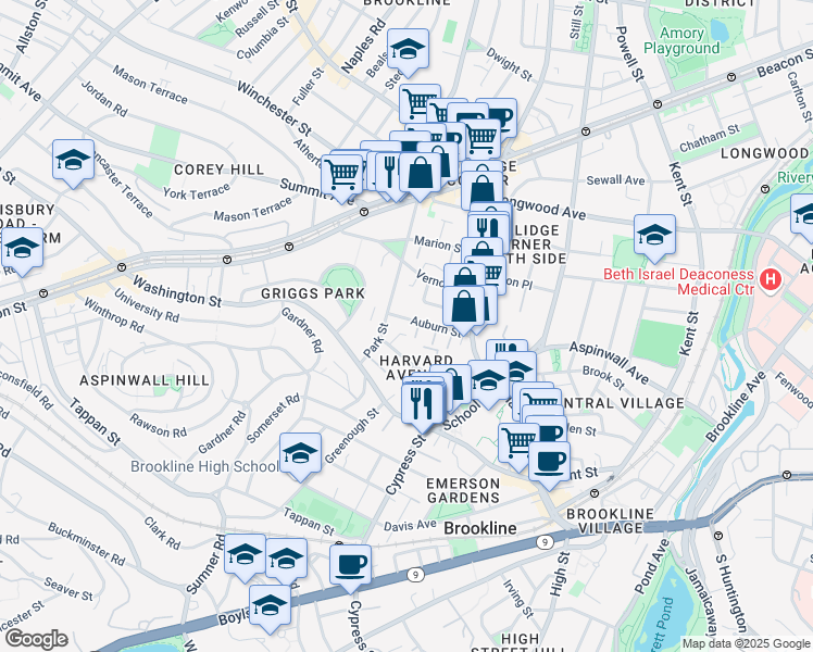 map of restaurants, bars, coffee shops, grocery stores, and more near 9 Auburn Place in Brookline