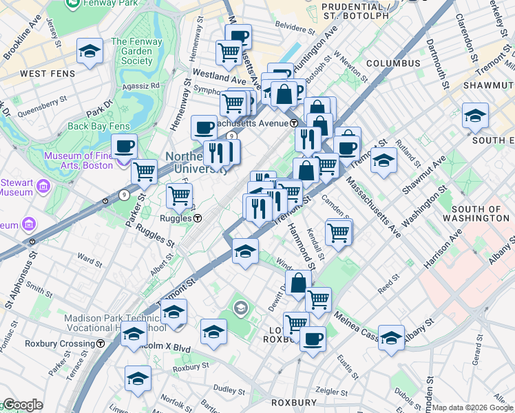 map of restaurants, bars, coffee shops, grocery stores, and more near 724 Columbus Avenue in Boston
