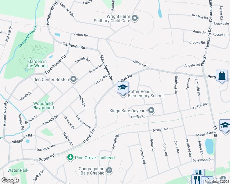 map of restaurants, bars, coffee shops, grocery stores, and more near 480 Potter Road in Framingham