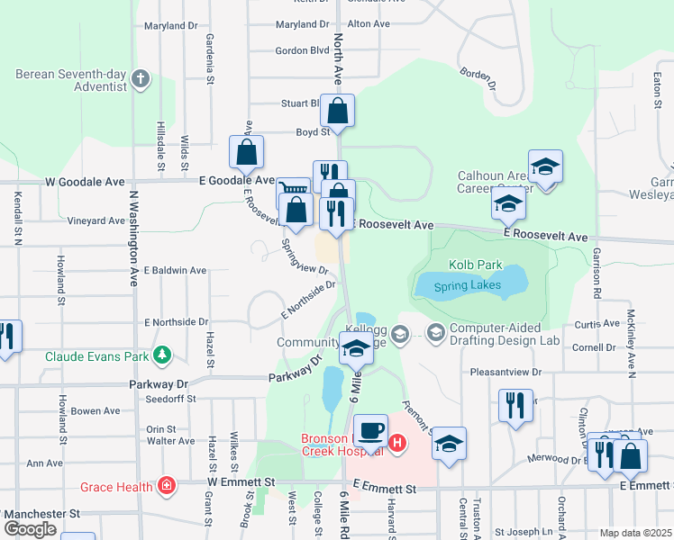 map of restaurants, bars, coffee shops, grocery stores, and more near 511 North Avenue in Battle Creek