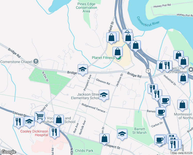 map of restaurants, bars, coffee shops, grocery stores, and more near 20 Francis Street in Northampton