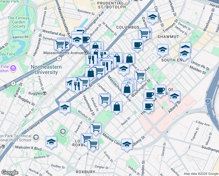 map of restaurants, bars, coffee shops, grocery stores, and more near 85 Camden Street in Boston