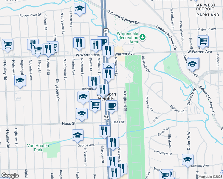 map of restaurants, bars, coffee shops, grocery stores, and more near 6636 North Telegraph Road in Dearborn Heights
