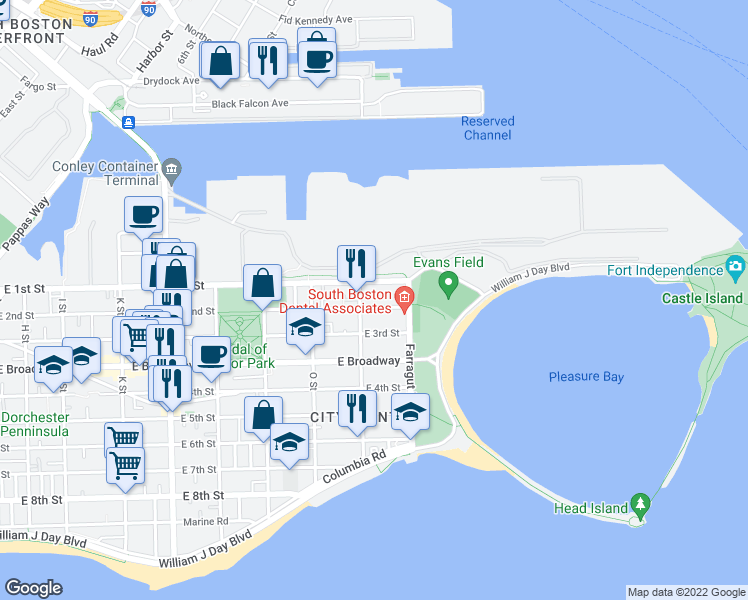 map of restaurants, bars, coffee shops, grocery stores, and more near 902 East 2nd Street in Boston