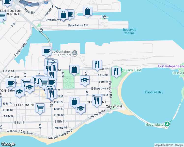 map of restaurants, bars, coffee shops, grocery stores, and more near 880 East 2nd Street in Boston