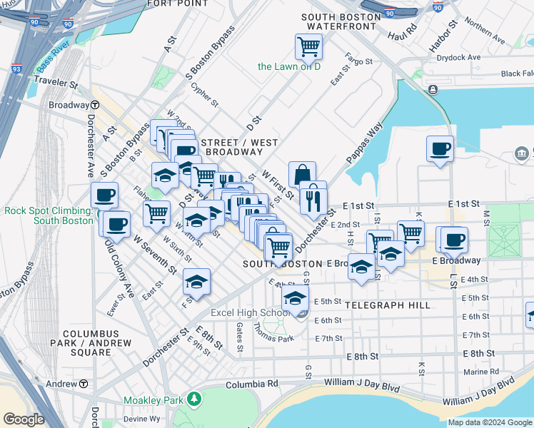 map of restaurants, bars, coffee shops, grocery stores, and more near 263 Bolton Street in Boston