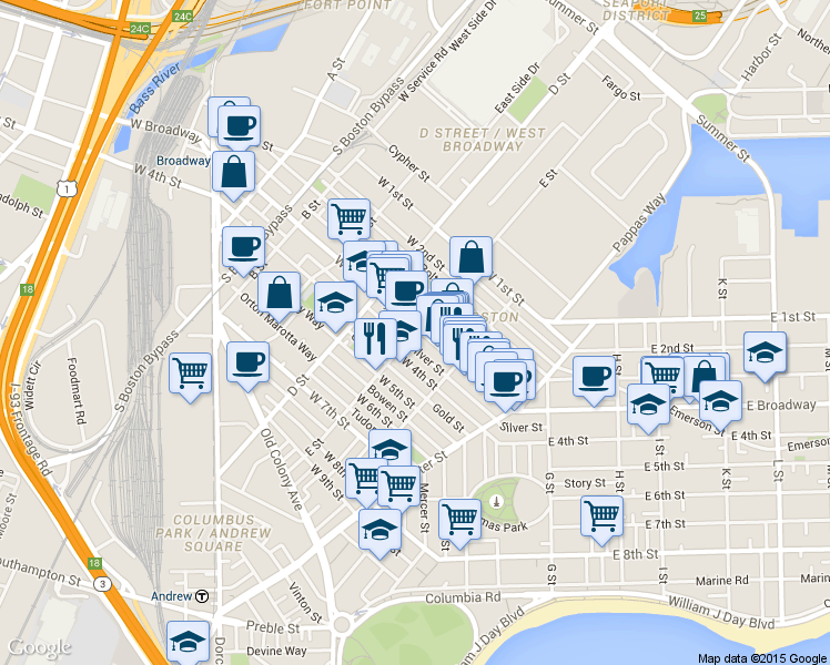 map of restaurants, bars, coffee shops, grocery stores, and more near in Boston
