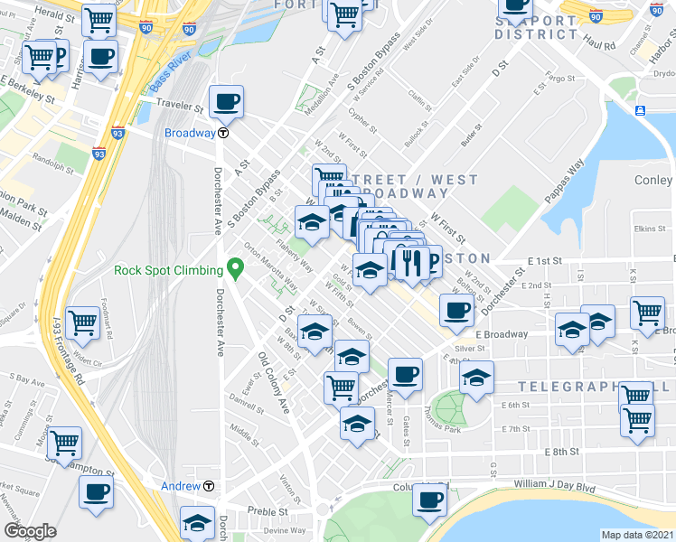 map of restaurants, bars, coffee shops, grocery stores, and more near 205 D Street in Boston