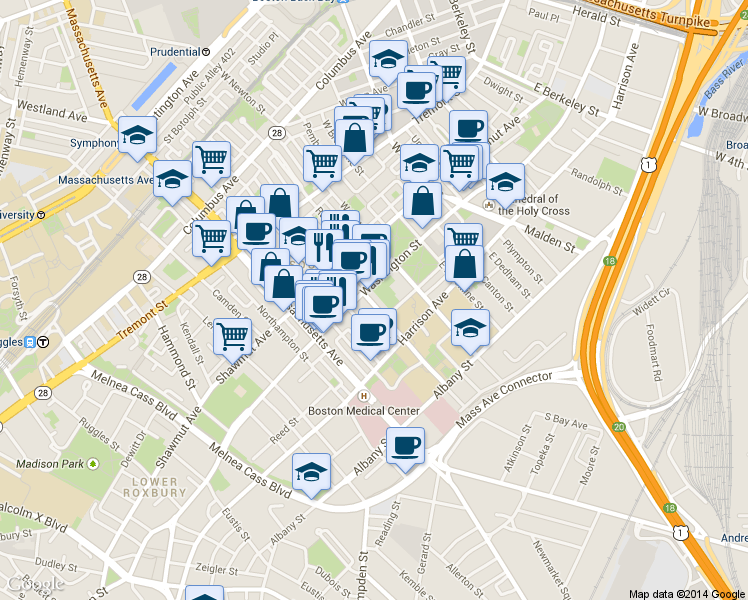 map of restaurants, bars, coffee shops, grocery stores, and more near 19 East Concord Street in Boston