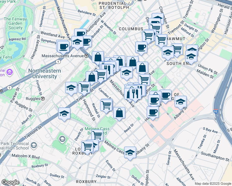 map of restaurants, bars, coffee shops, grocery stores, and more near 179 Northampton Street in Boston