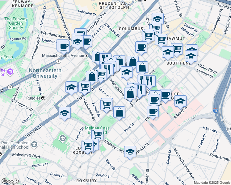 map of restaurants, bars, coffee shops, grocery stores, and more near 179 Northampton Street in Boston