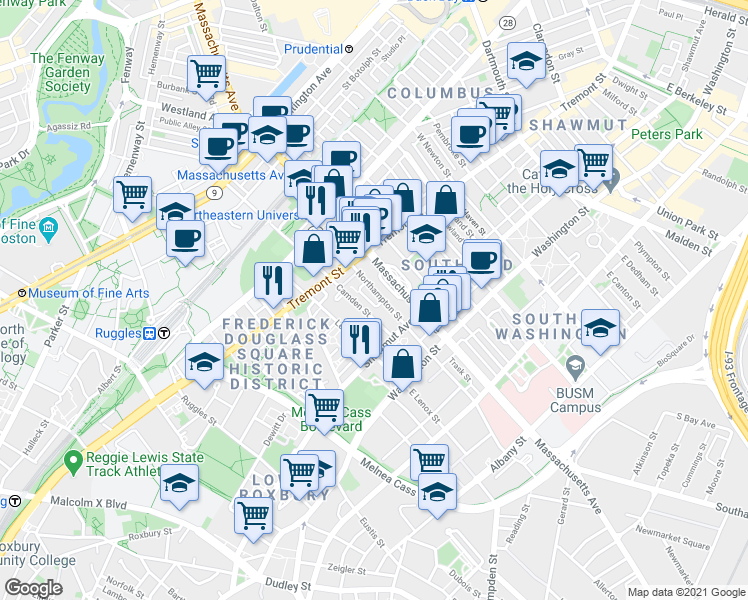 map of restaurants, bars, coffee shops, grocery stores, and more near 85 Camden Street in Boston