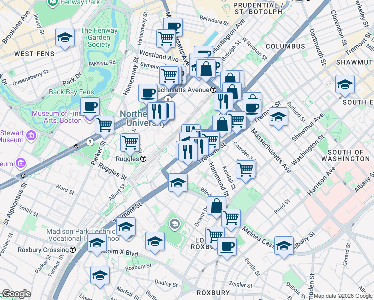 map of restaurants, bars, coffee shops, grocery stores, and more near 724 Columbus Avenue in Boston
