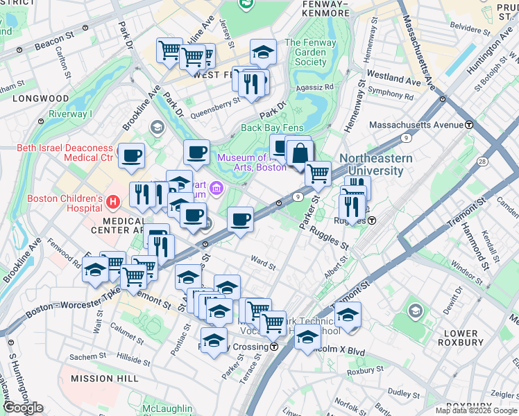 map of restaurants, bars, coffee shops, grocery stores, and more near 19 Vancouver Street in Boston