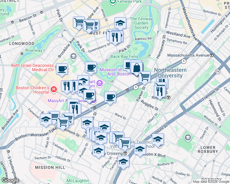 map of restaurants, bars, coffee shops, grocery stores, and more near 19 Vancouver Street in Boston