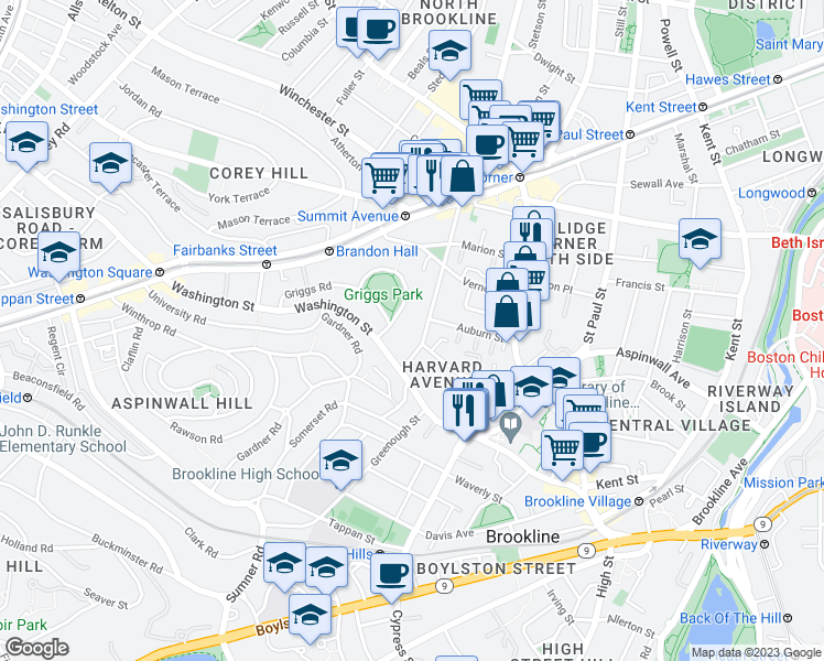 map of restaurants, bars, coffee shops, grocery stores, and more near 32 Park Street in Brookline