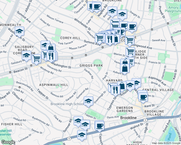 map of restaurants, bars, coffee shops, grocery stores, and more near 25 Gardner Road in Brookline