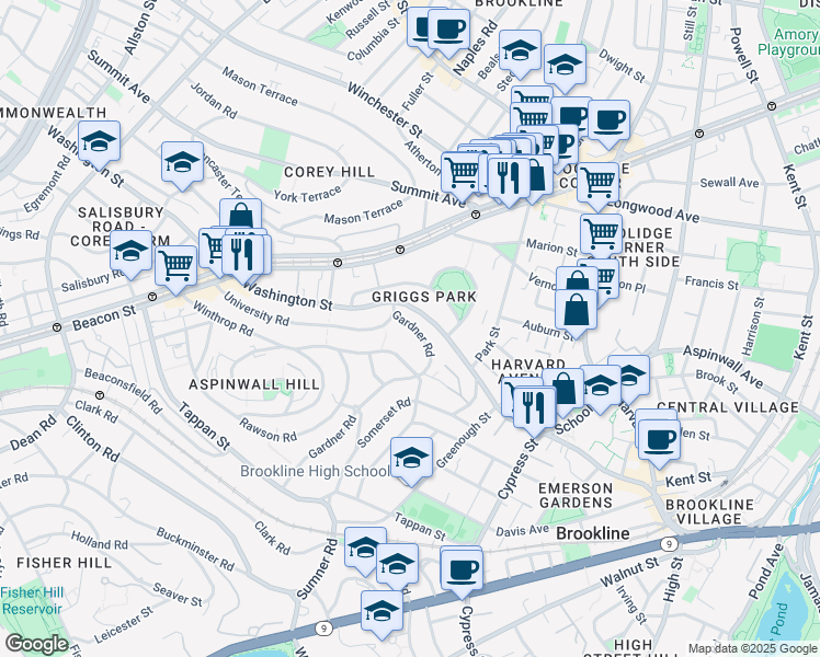 map of restaurants, bars, coffee shops, grocery stores, and more near 25 Gardner Road in Brookline