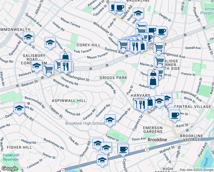 map of restaurants, bars, coffee shops, grocery stores, and more near 25 Gardner Road in Brookline