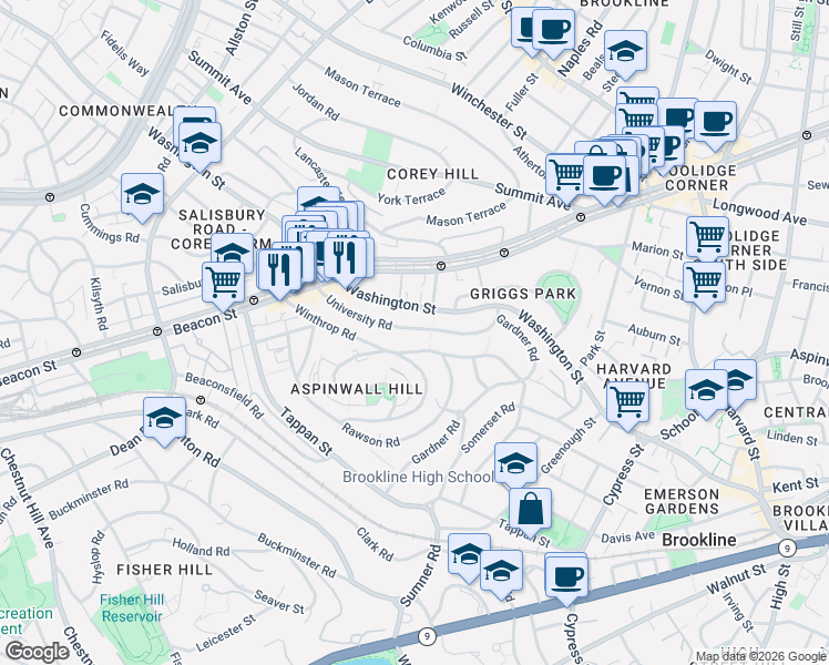 map of restaurants, bars, coffee shops, grocery stores, and more near 107 University Road in Brookline