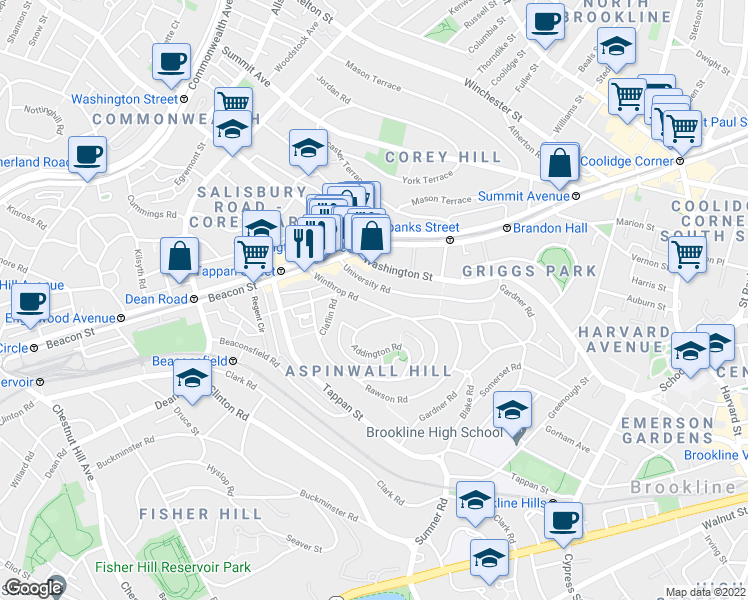 map of restaurants, bars, coffee shops, grocery stores, and more near 148 Winthrop Road in Brookline