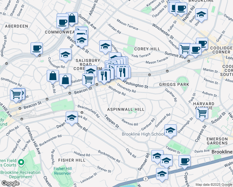 map of restaurants, bars, coffee shops, grocery stores, and more near 10 Claflin Road in Brookline