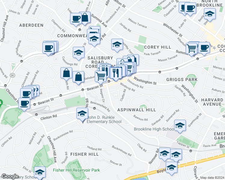 map of restaurants, bars, coffee shops, grocery stores, and more near 38 Garrison Road in Brookline