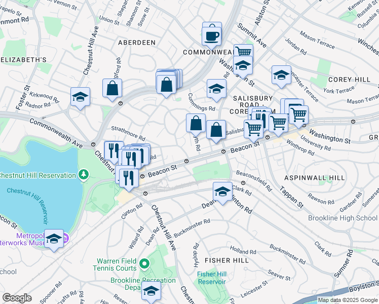 map of restaurants, bars, coffee shops, grocery stores, and more near in Brookline