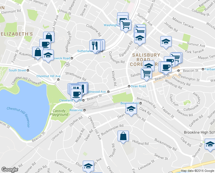 map of restaurants, bars, coffee shops, grocery stores, and more near in Brookline