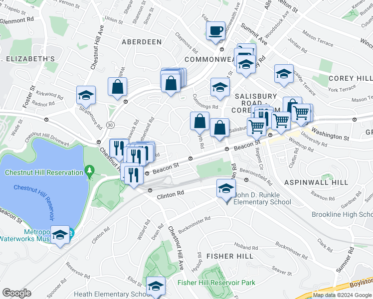 map of restaurants, bars, coffee shops, grocery stores, and more near in Brookline