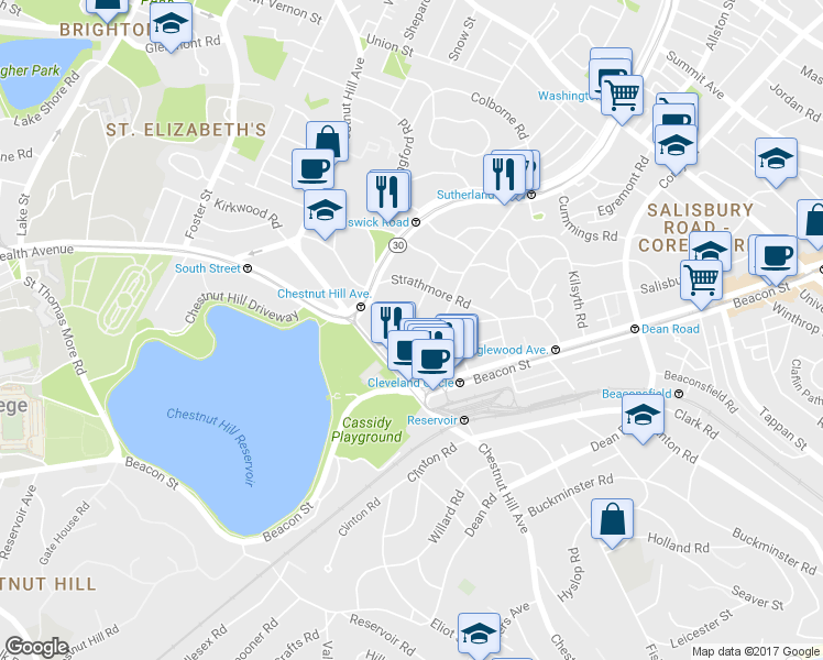 map of restaurants, bars, coffee shops, grocery stores, and more near 4 Chiswick Road in Boston