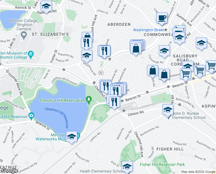 map of restaurants, bars, coffee shops, grocery stores, and more near 4 Chiswick Road in Boston