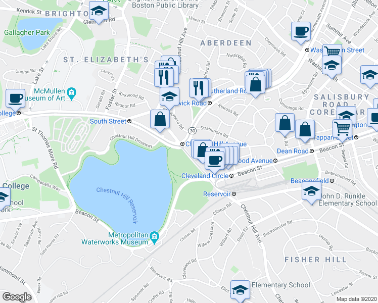 map of restaurants, bars, coffee shops, grocery stores, and more near 332 Chestnut Hill Avenue in Boston