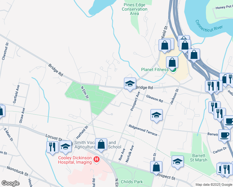 map of restaurants, bars, coffee shops, grocery stores, and more near 65 Hatfield Street in Northampton