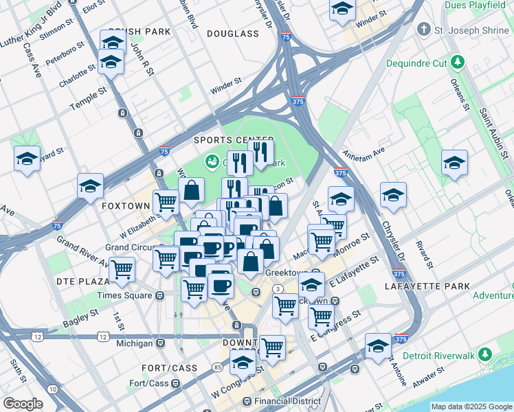 map of restaurants, bars, coffee shops, grocery stores, and more near 333 Madison Street in Detroit