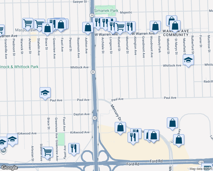 map of restaurants, bars, coffee shops, grocery stores, and more near 6390 Archdale Street in Detroit