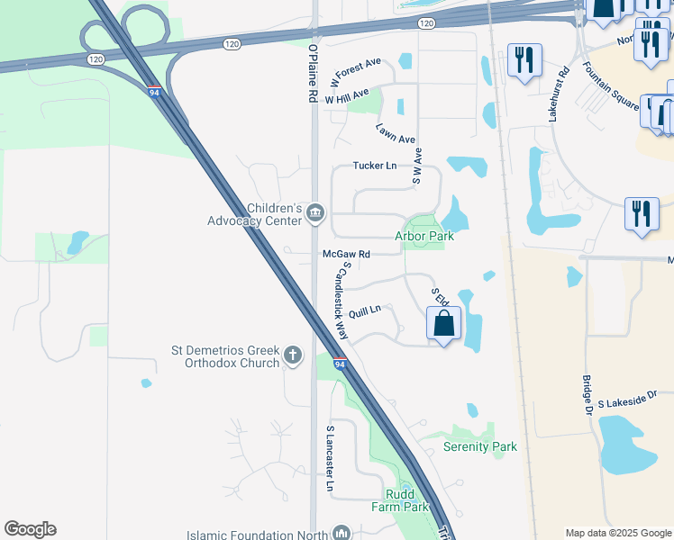 map of restaurants, bars, coffee shops, grocery stores, and more near 1234 South Candlestick Way in Waukegan