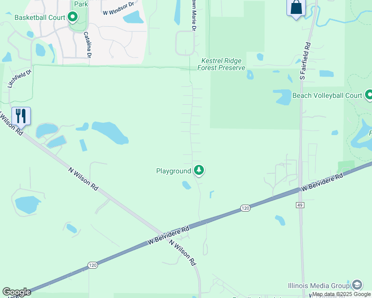 map of restaurants, bars, coffee shops, grocery stores, and more near 672 South Jade Lane in Round Lake
