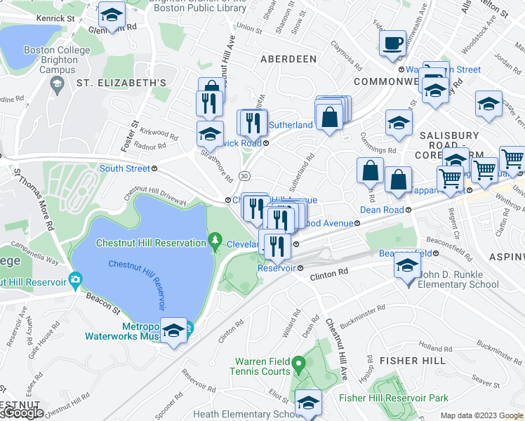 map of restaurants, bars, coffee shops, grocery stores, and more near 4 Chiswick Road in Boston