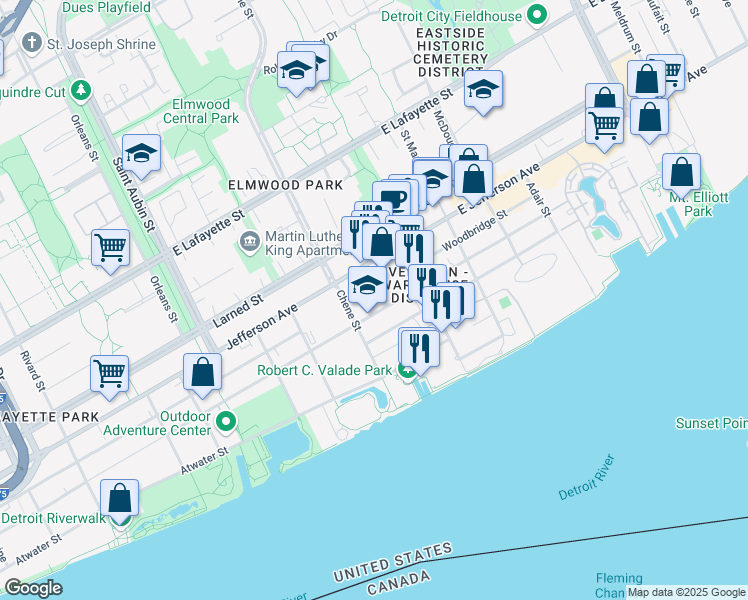 map of restaurants, bars, coffee shops, grocery stores, and more near 2652 East Jefferson Avenue in Detroit