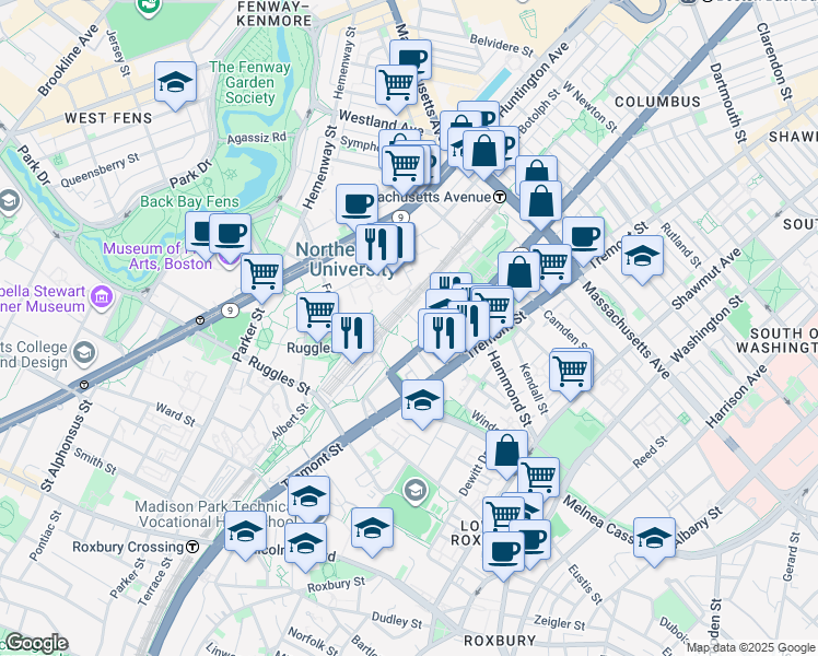 map of restaurants, bars, coffee shops, grocery stores, and more near 805 Columbus Avenue in Boston