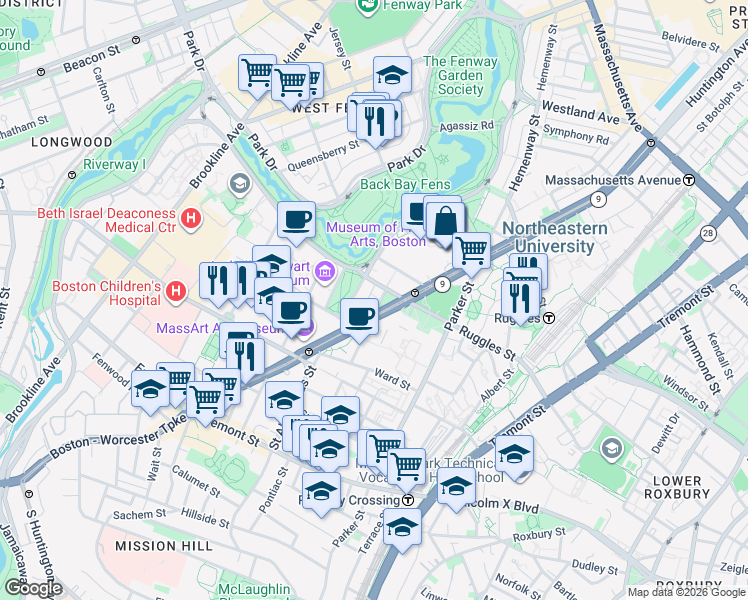 map of restaurants, bars, coffee shops, grocery stores, and more near 19 Vancouver Street in Boston