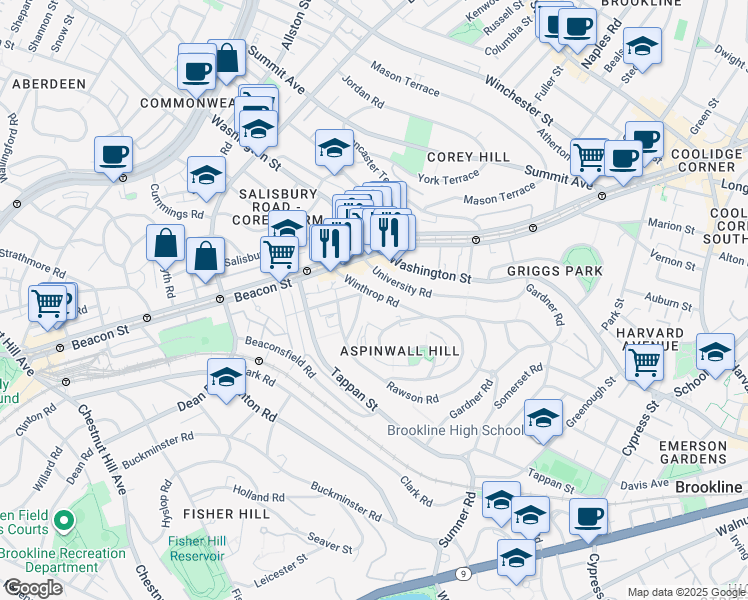 map of restaurants, bars, coffee shops, grocery stores, and more near 10 Claflin Road in Brookline