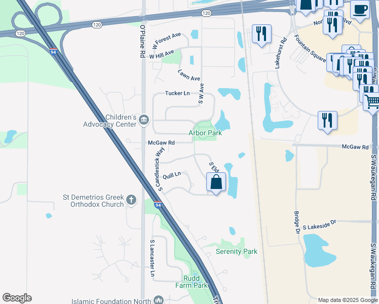 map of restaurants, bars, coffee shops, grocery stores, and more near 4436 West Butternut Lane in Waukegan